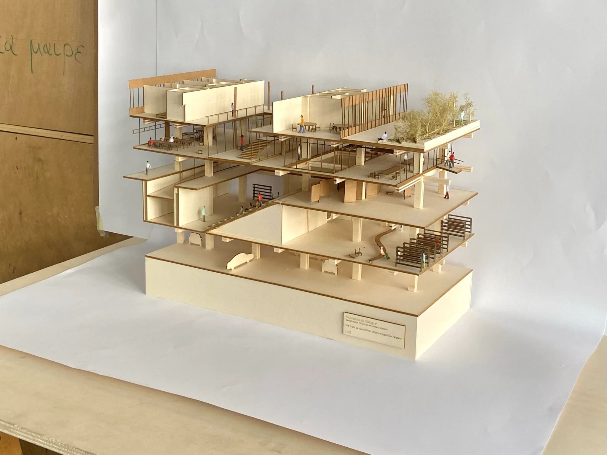 Architectural model of La machine du dialogue, showing its open stacked levels